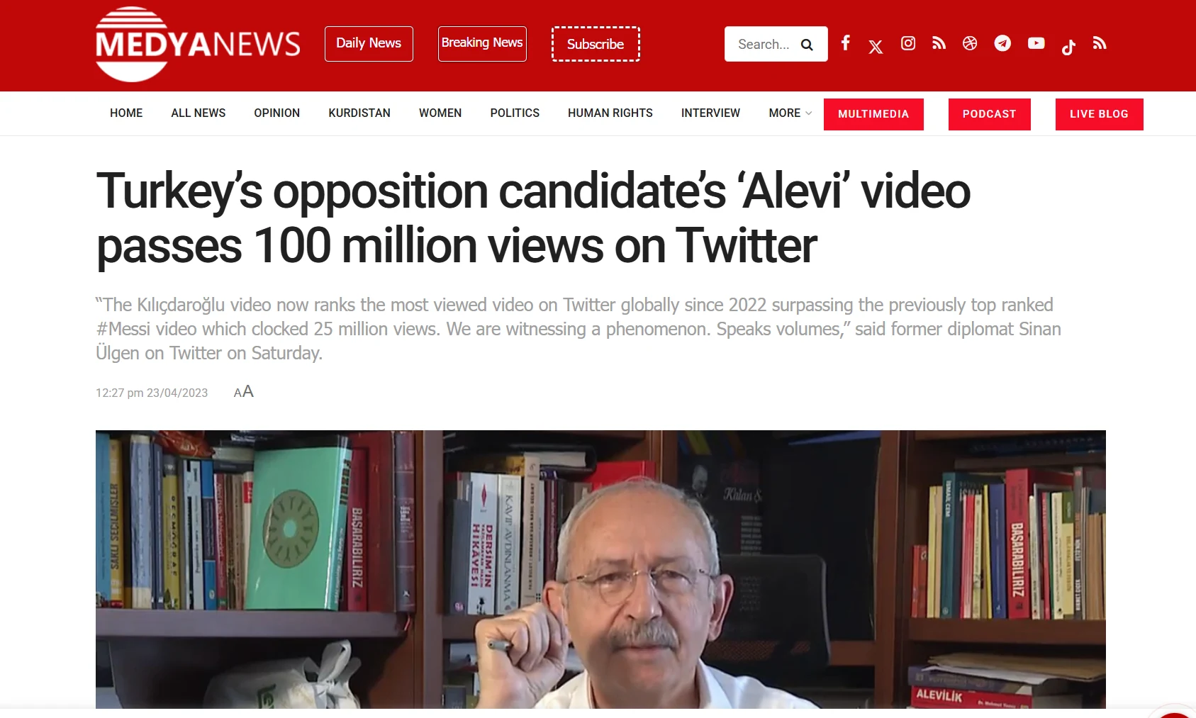 Medya News article: Turkey's opposition candidate's 'Alevi' video passes 100 million views on Twitter