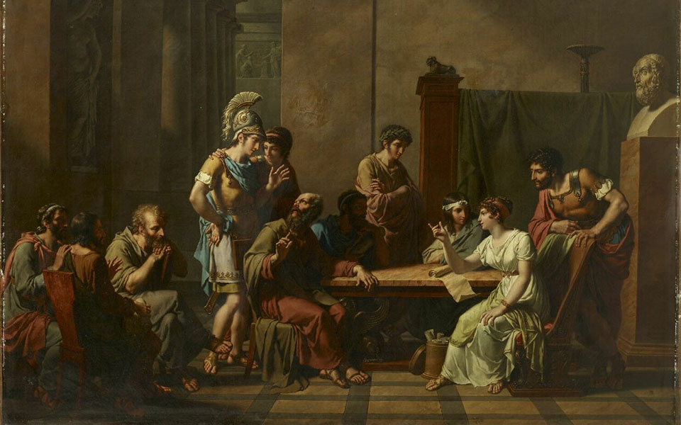 A classical painting of Aspasia debating a group of philosophers and soldiers around a table